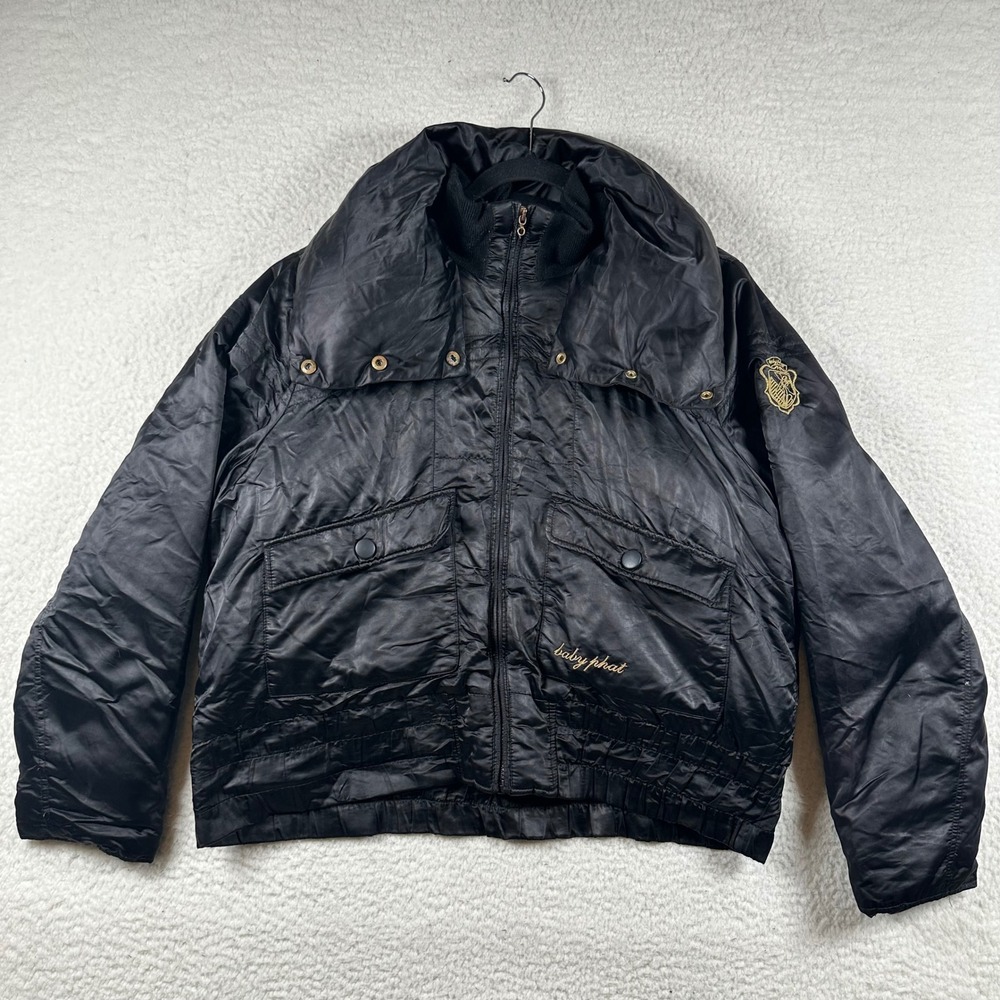 Vintage Baby Phat Puffer Jacket Womens 2X Black Satin Down Gold Cat Crest Y2K